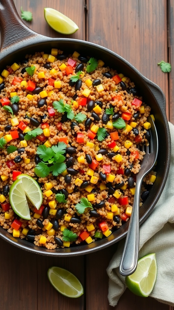 One-skillet Mexican quinoa with black beans, corn, and bell peppers, garnished with cilantro and lime.